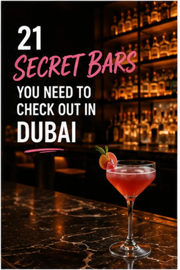 Atmospheric hidden bar interior with a cocktail in Dubai