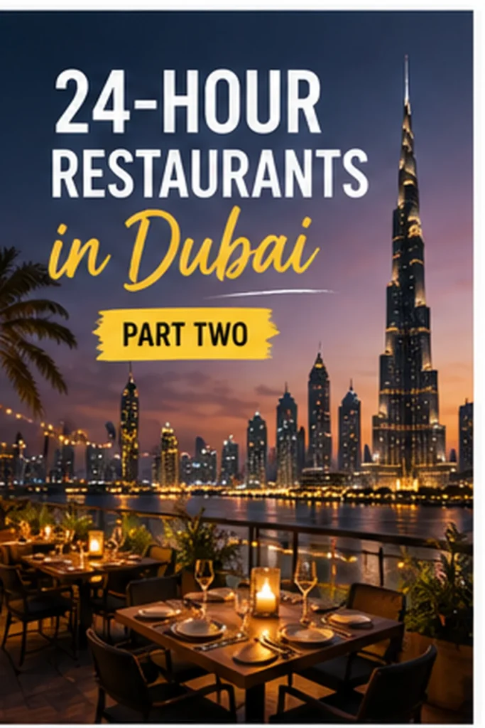 Late-night Dubai restaurant with food and city views