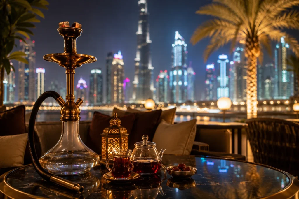 Night-time shisha lounge with Dubai city lights