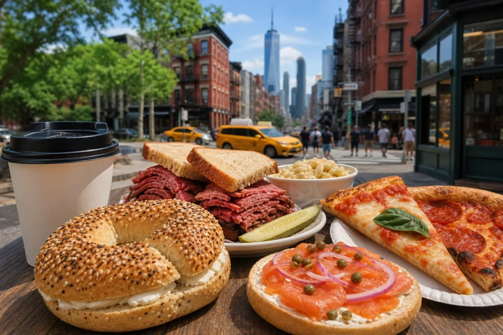 New York bagels pizza deli food and coffee in a Manhattan food itinerary scene