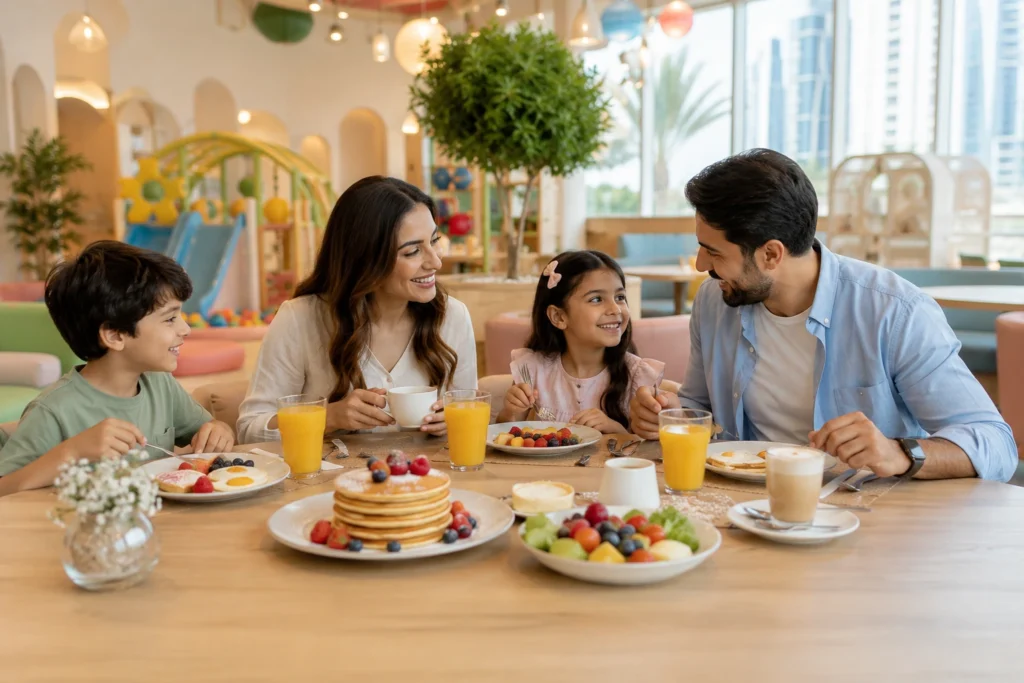 Cheerful family-friendly breakfast restaurant with pancakes eggs and fruit