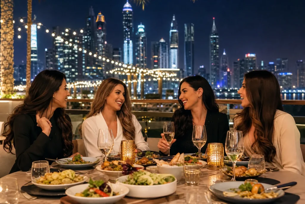 Adult friends dining alfresco with drinks fairy lights and Dubai skyline views