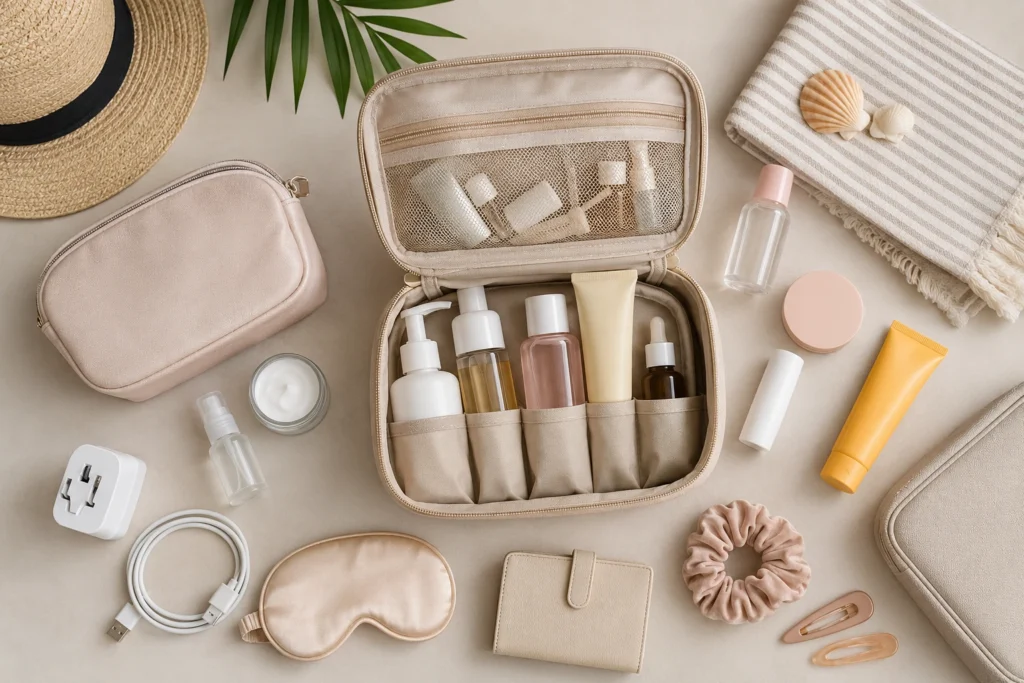 Unbranded skincare travel and beauty essentials arranged in a clean flat lay