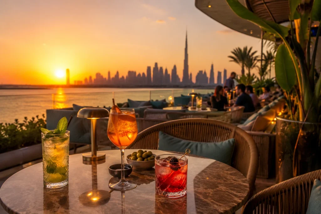 Outdoor Dubai bar with drinks and an epic sunset view