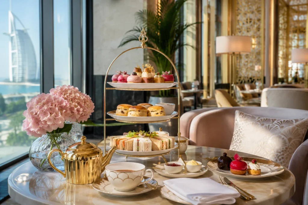 Luxury afternoon tea with sandwiches scones and pastries in Dubai