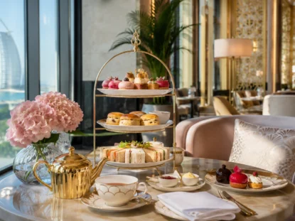 Luxury afternoon tea with sandwiches scones and pastries in Dubai
