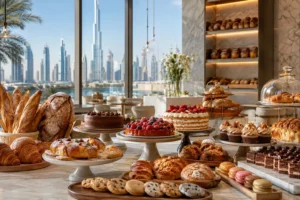 Selection of breads pastries and cakes at a modern Dubai bakery