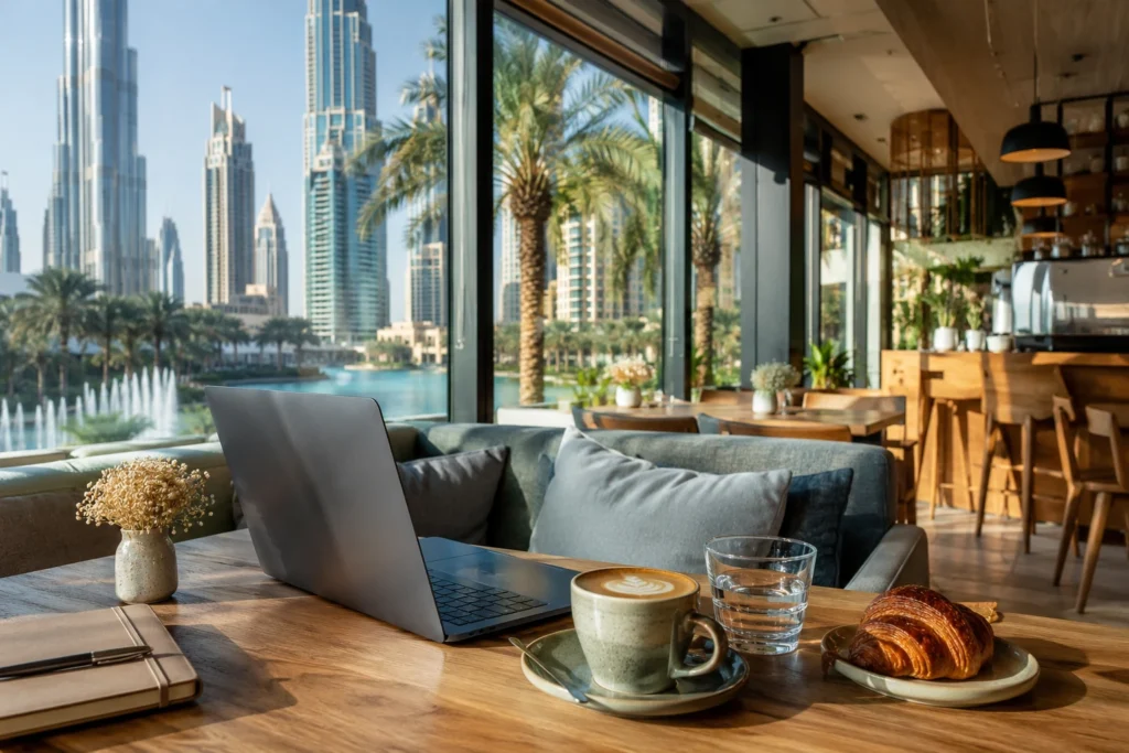 Laptop-friendly Dubai café with coffee and a comfortable workspace