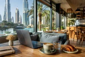 Laptop-friendly Dubai café with coffee and a comfortable workspace