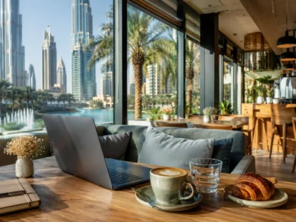 Laptop-friendly Dubai café with coffee and a comfortable workspace
