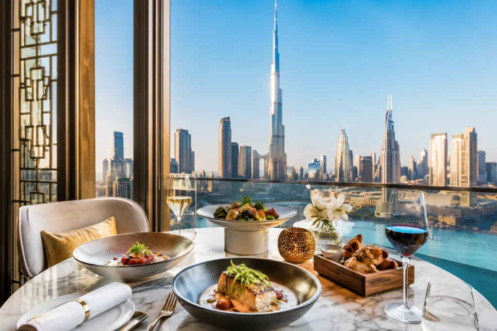 Elegant Dubai restaurant dining table with a sweeping skyline view