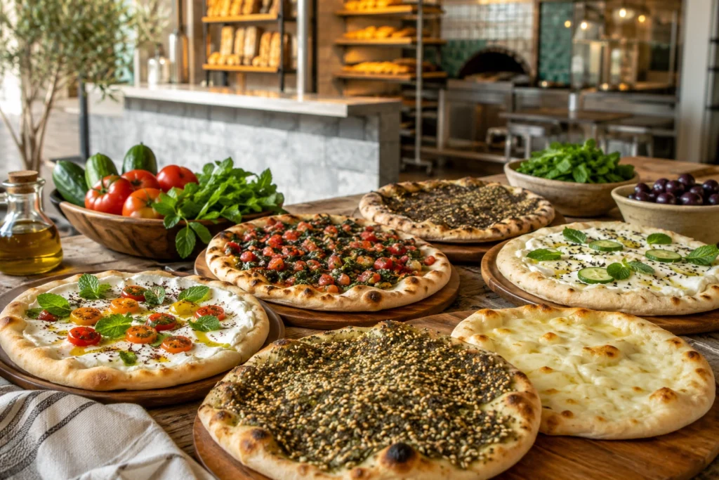 Assorted zaatar cheese and vegetable manakeesh served in Dubai