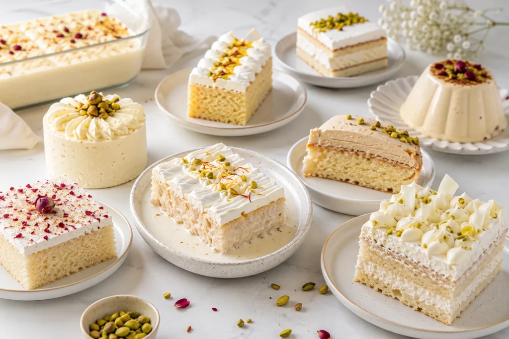 Milk cakes and creamy pistachio desserts on a bright table
