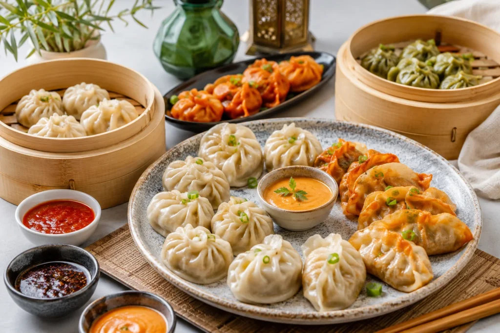 Steamed momos served with dipping sauces in Dubai