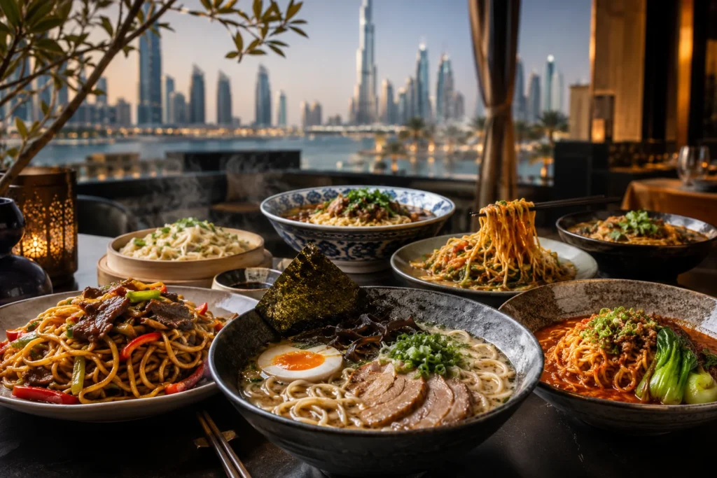 Assorted ramen and Asian noodle dishes served in Dubai