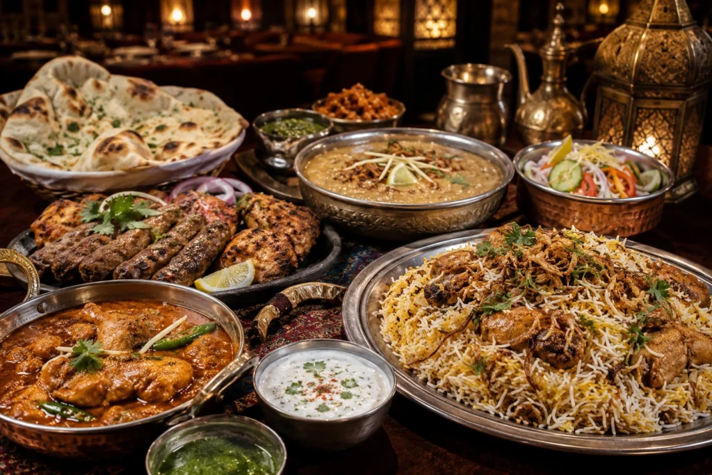 Pakistani dining spread with biryani karahi kebabs naan and haleem