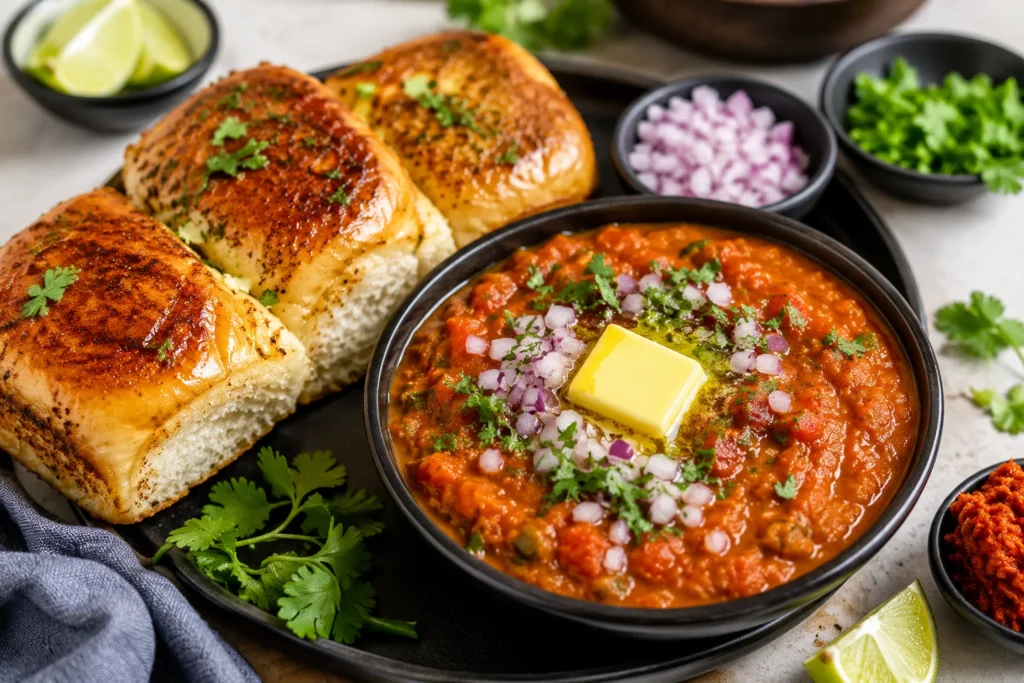 Mumbai pav bhaji with buttered pav onions lemon and coriander