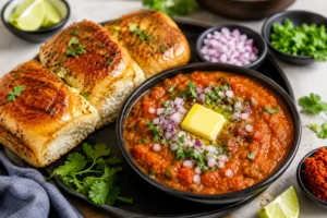 Mumbai pav bhaji with buttered pav onions lemon and coriander