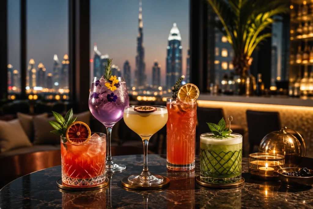 Creative craft cocktails with fresh garnishes in a stylish Dubai bar