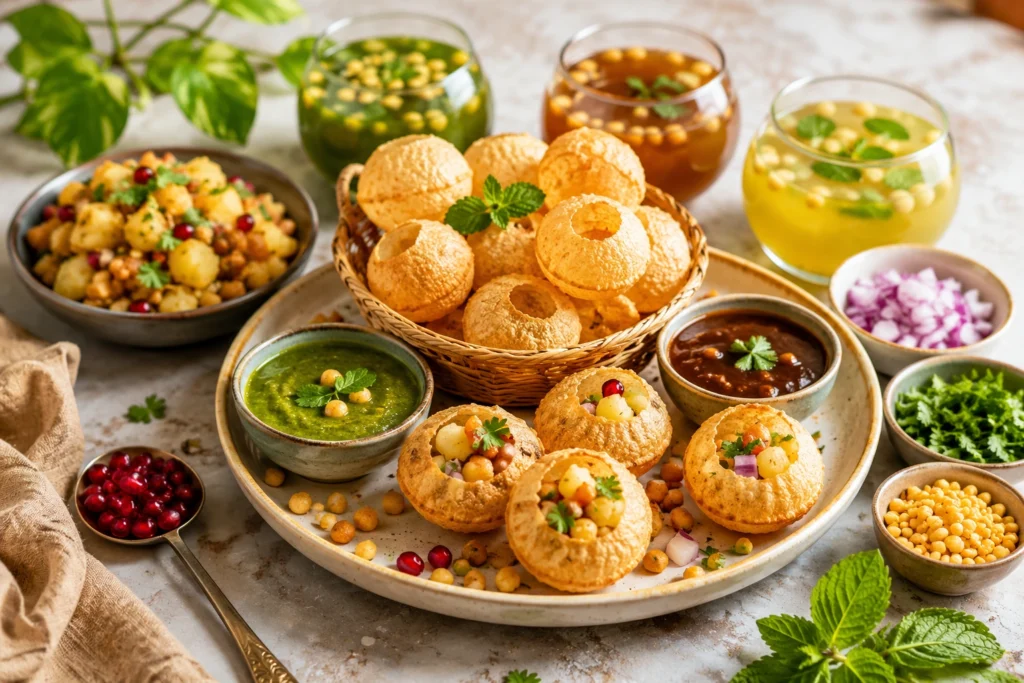 Crispy pani puri with spiced filling chutneys and flavoured water