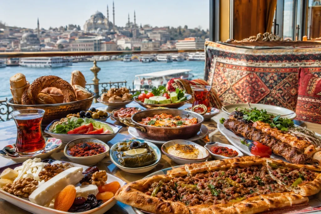 Turkish dining spread with mezze kebabs pide and tea in Istanbul