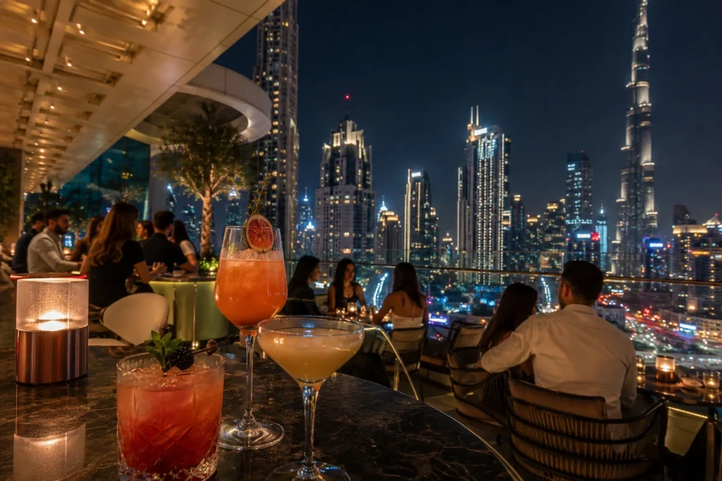 Stylish rooftop bar with cocktails and the Dubai skyline