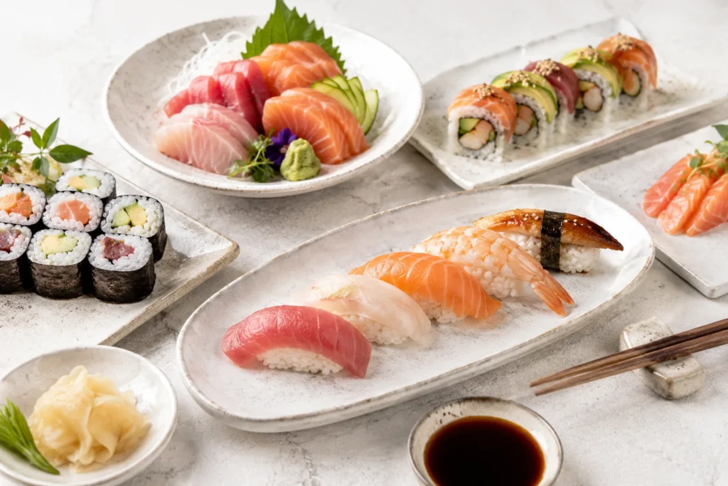 Assorted sushi, sashimi and nigiri on a clean light table