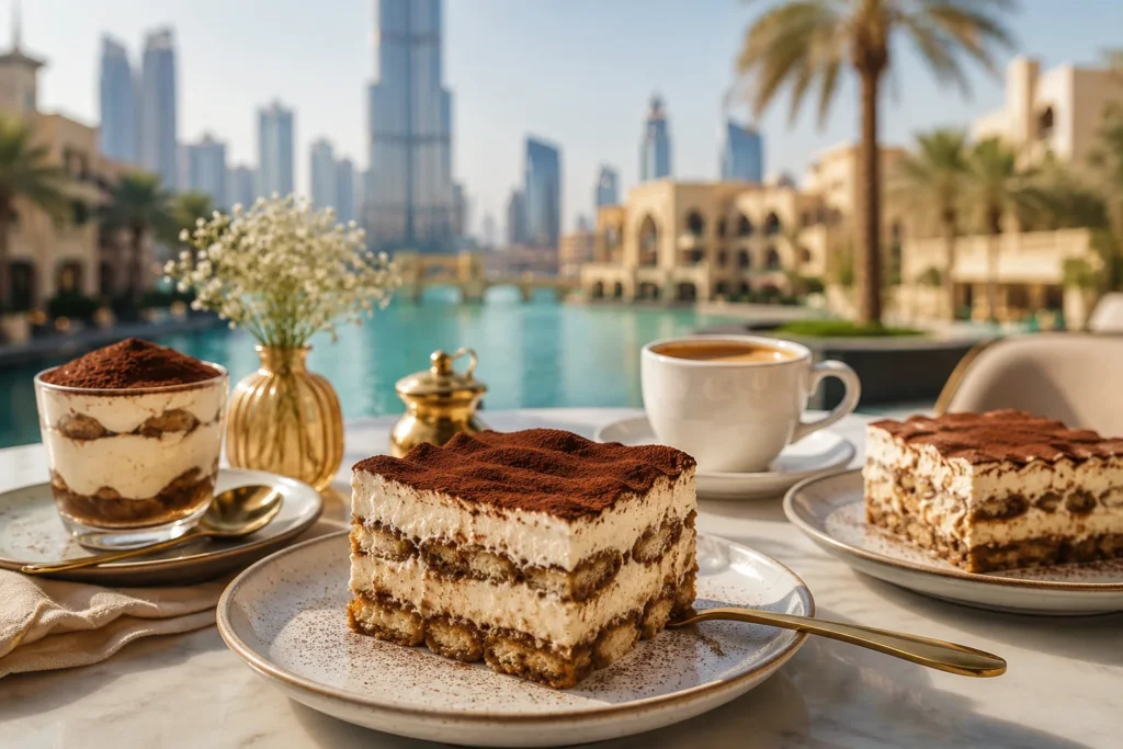 Assorted tiramisu desserts served at a Dubai waterfront café