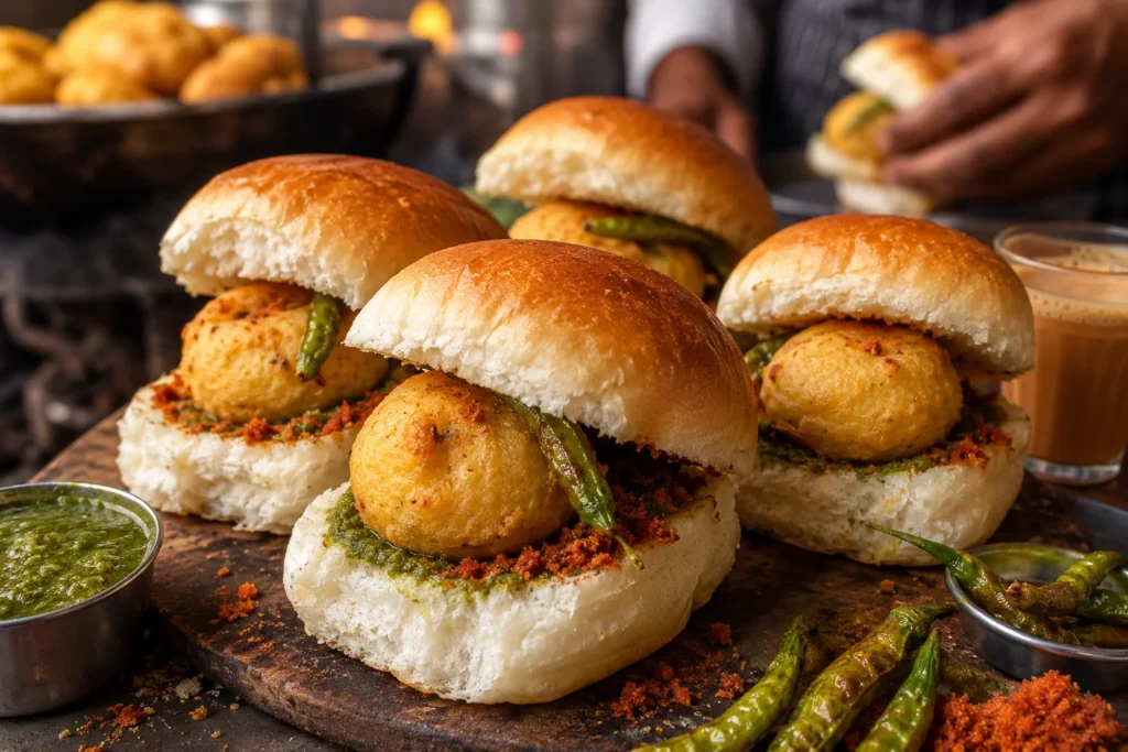 Fresh Mumbai vada pav served with chutney and fried green chillies