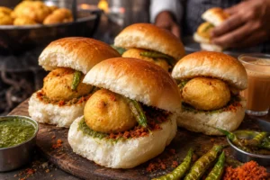 Fresh Mumbai vada pav served with chutney and fried green chillies