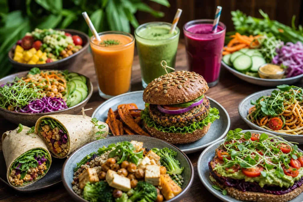 Plant based burgers bowls wraps vegetables and smoothies