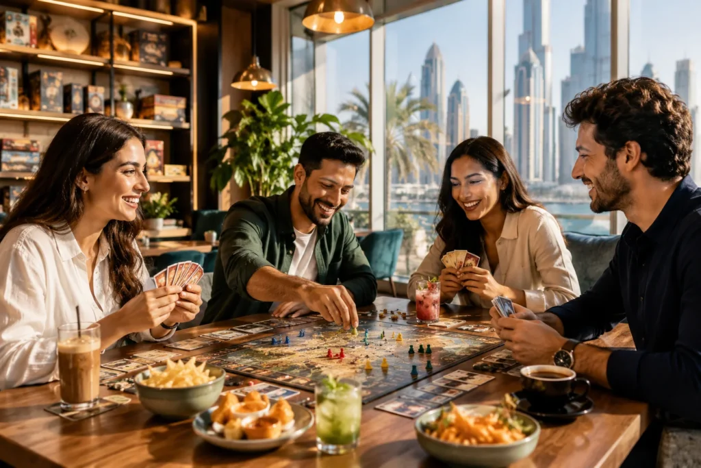 Friends playing board games together at a modern Dubai café