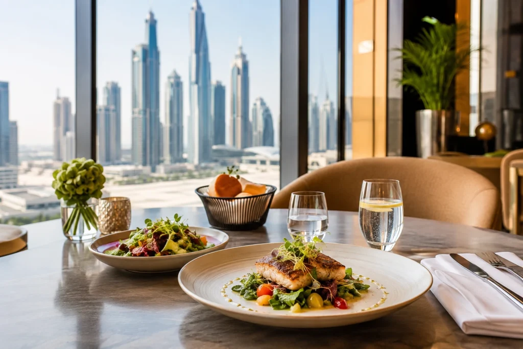Elegant business lunch with a starter main course and drink in Dubai