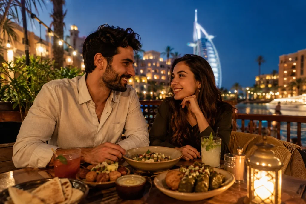 Relaxed dinner setting for a cheap date night in Dubai