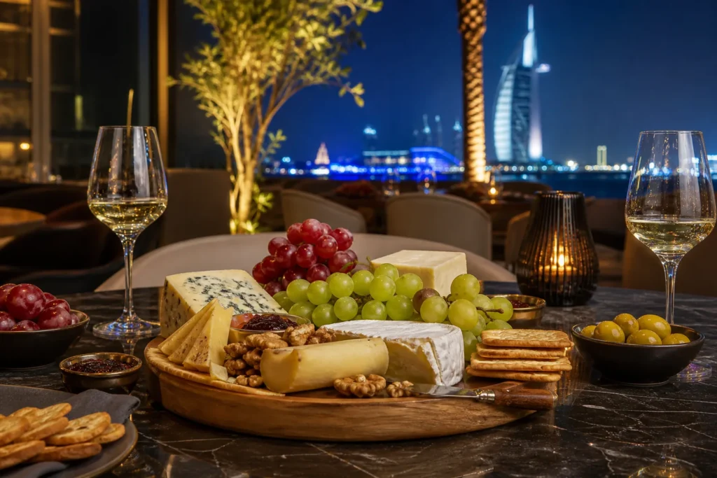 Assorted cheeses grapes and crackers in an elegant Dubai evening dining setting