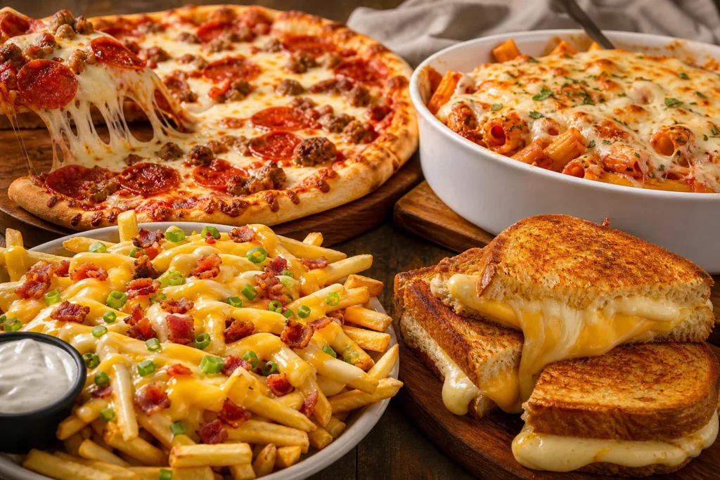 Pizza loaded fries grilled cheese and baked pasta spread