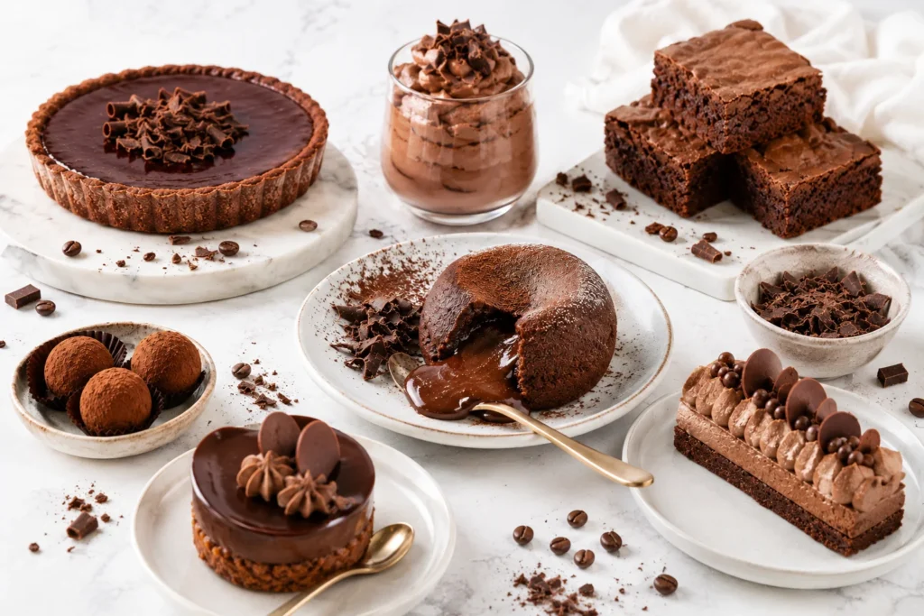 Assorted chocolate desserts arranged on a bright marble table