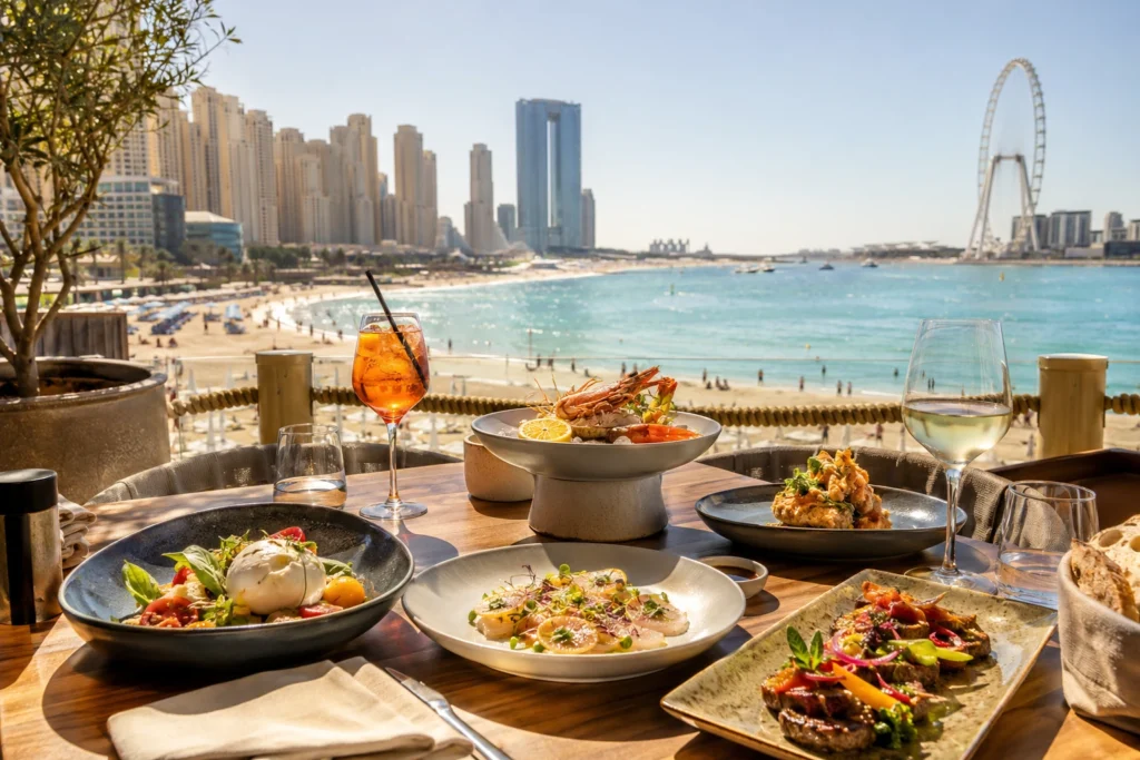 Waterfront restaurant dining table overlooking JBR