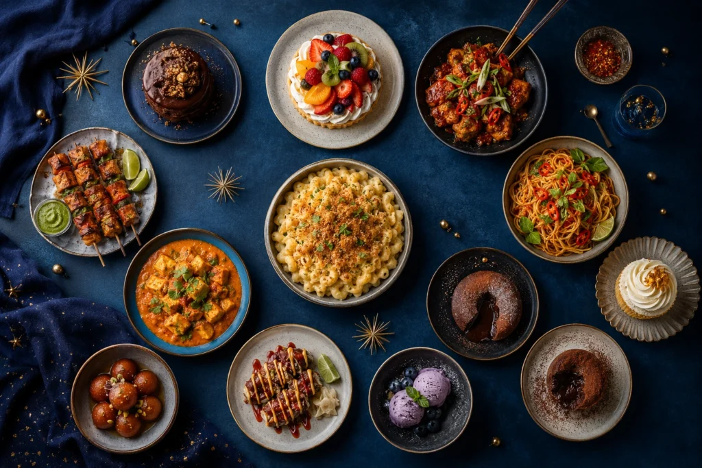 Varied sweet spicy comforting and indulgent foods arranged in a circular spread