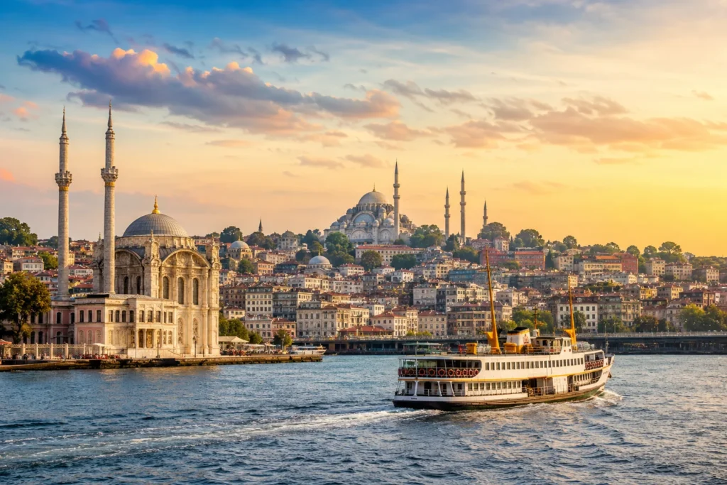 Bosphorus ferry and historic Istanbul skyline at golden hour