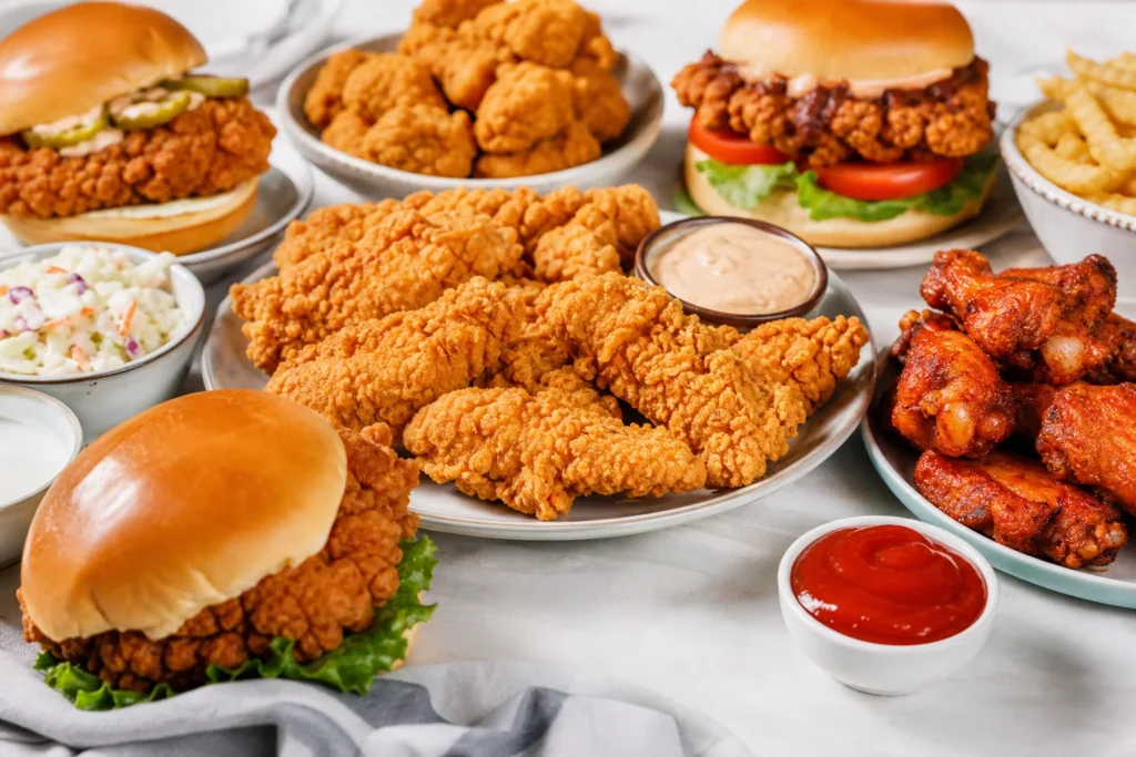 Crispy fried chicken tenders wings burgers and dipping sauces