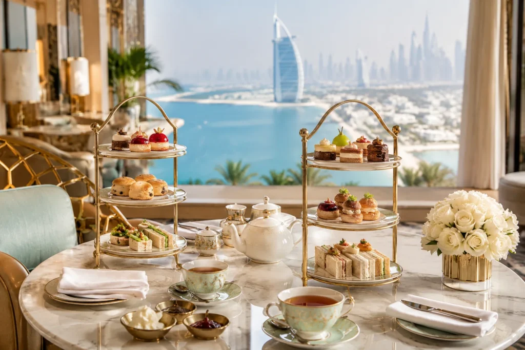 Luxury afternoon tea with sandwiches scones and pastries in Dubai
