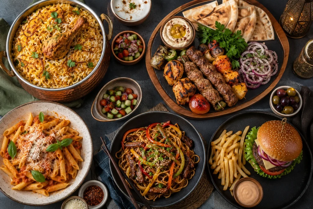 Popular dishes from Indian Middle Eastern Italian Asian and American cuisines