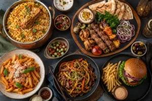 Popular dishes from Indian Middle Eastern Italian Asian and American cuisines