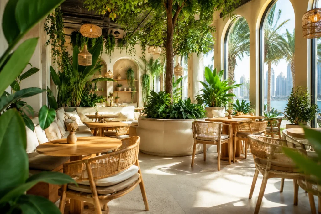 Nature-inspired Dubai cafe with plants natural wood and peaceful seating