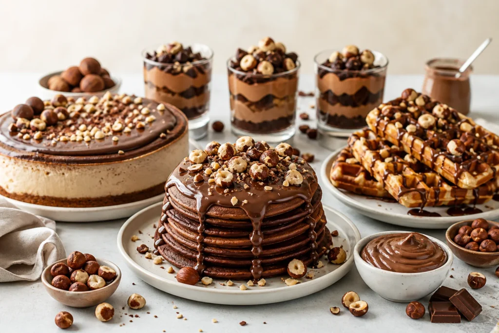Chocolate hazelnut pancakes cheesecake waffles and dessert cups