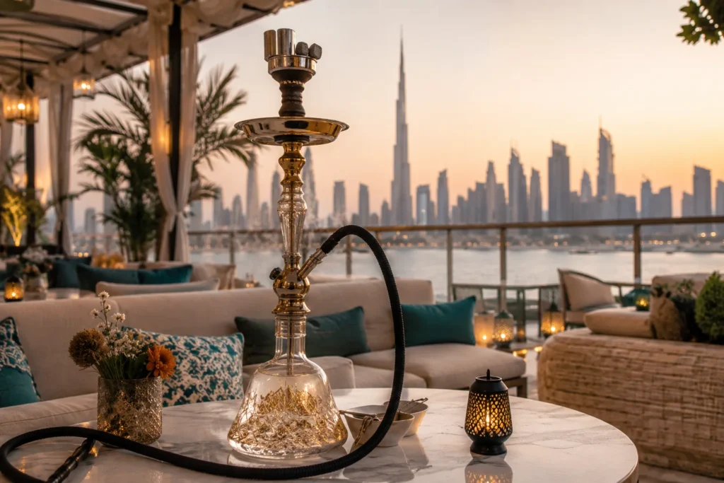 Outdoor shisha lounge at sunset with a Dubai skyline view