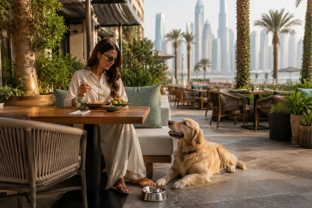Dog-friendly outdoor restaurant with relaxed seating in Dubai