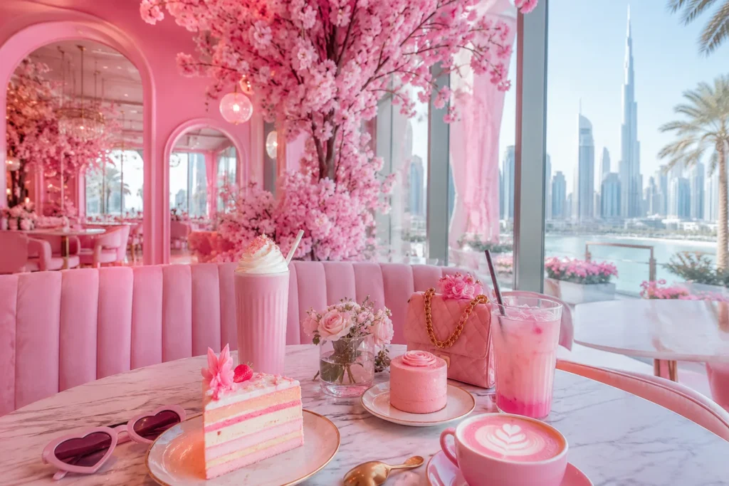 Pink café interior with desserts and drinks overlooking Dubai