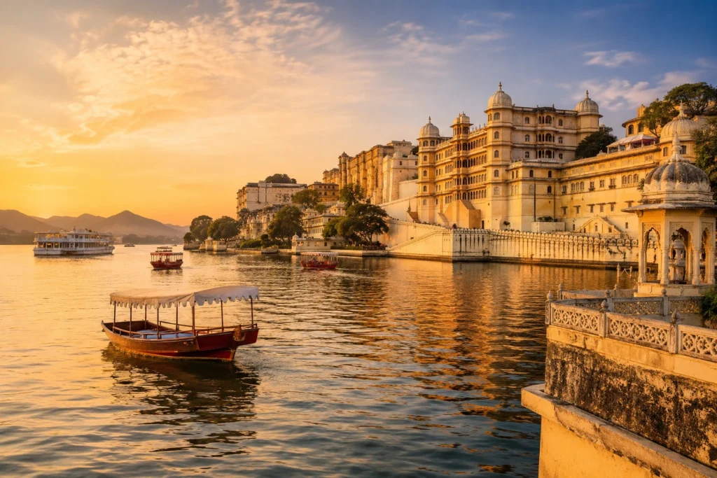 Lake Pichola historic palaces and boats in Udaipur at golden hour